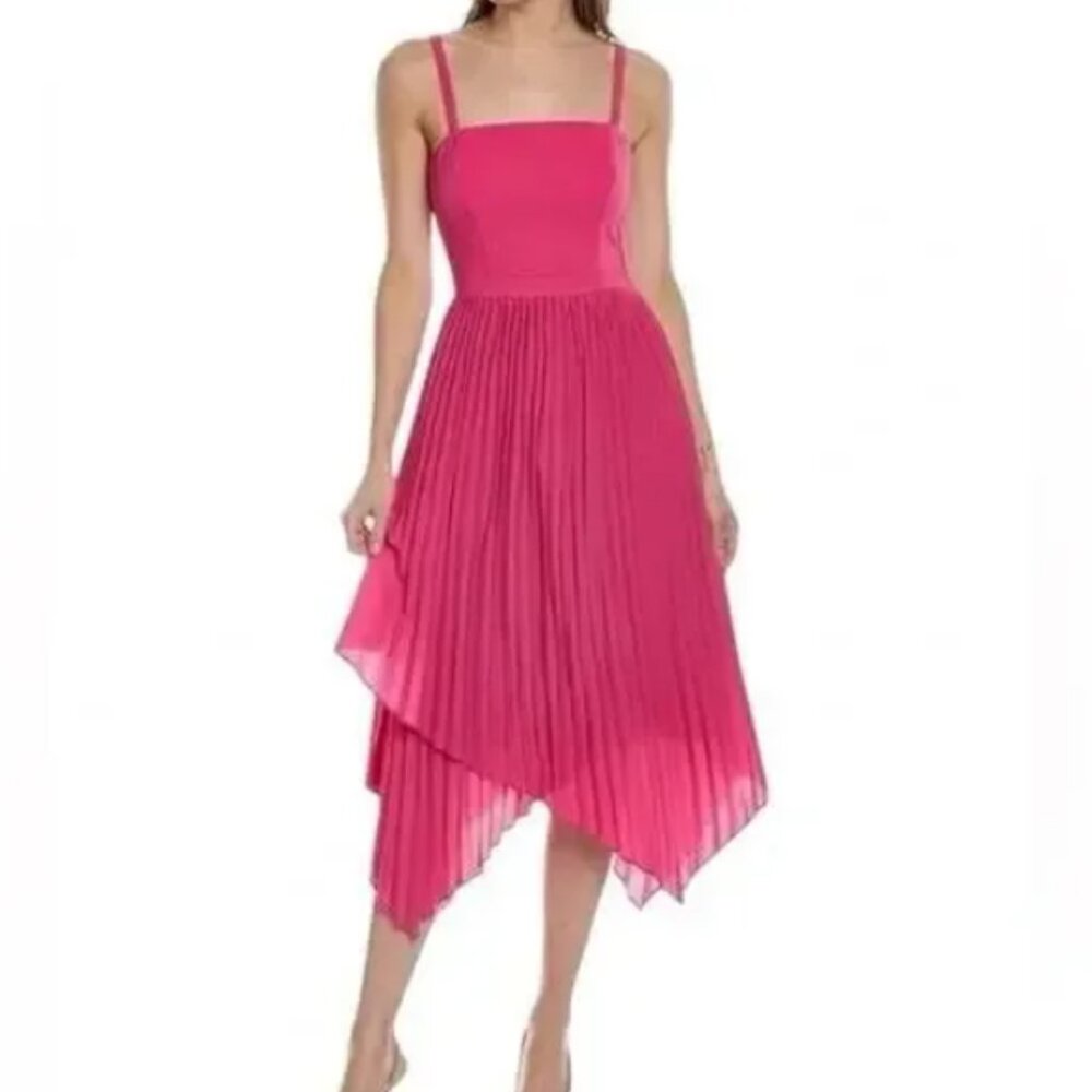 Aidan Mattox NWT Watermelon Pink Asymmetrical Pleated Midi Dress - Size 4 - Picture 1 of 9